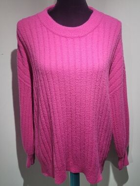 Aerie Women's RIbbed Super Soft Crew Neck Sweater XS Hot Pink Barbiecore Cozy
